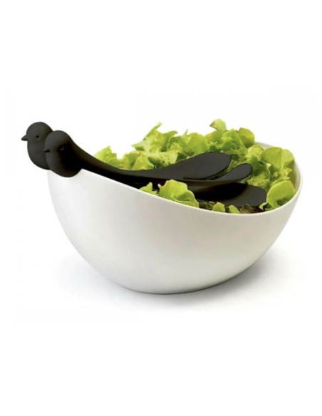 Saladier avec deux cuillères de services oiseaux - Qualy